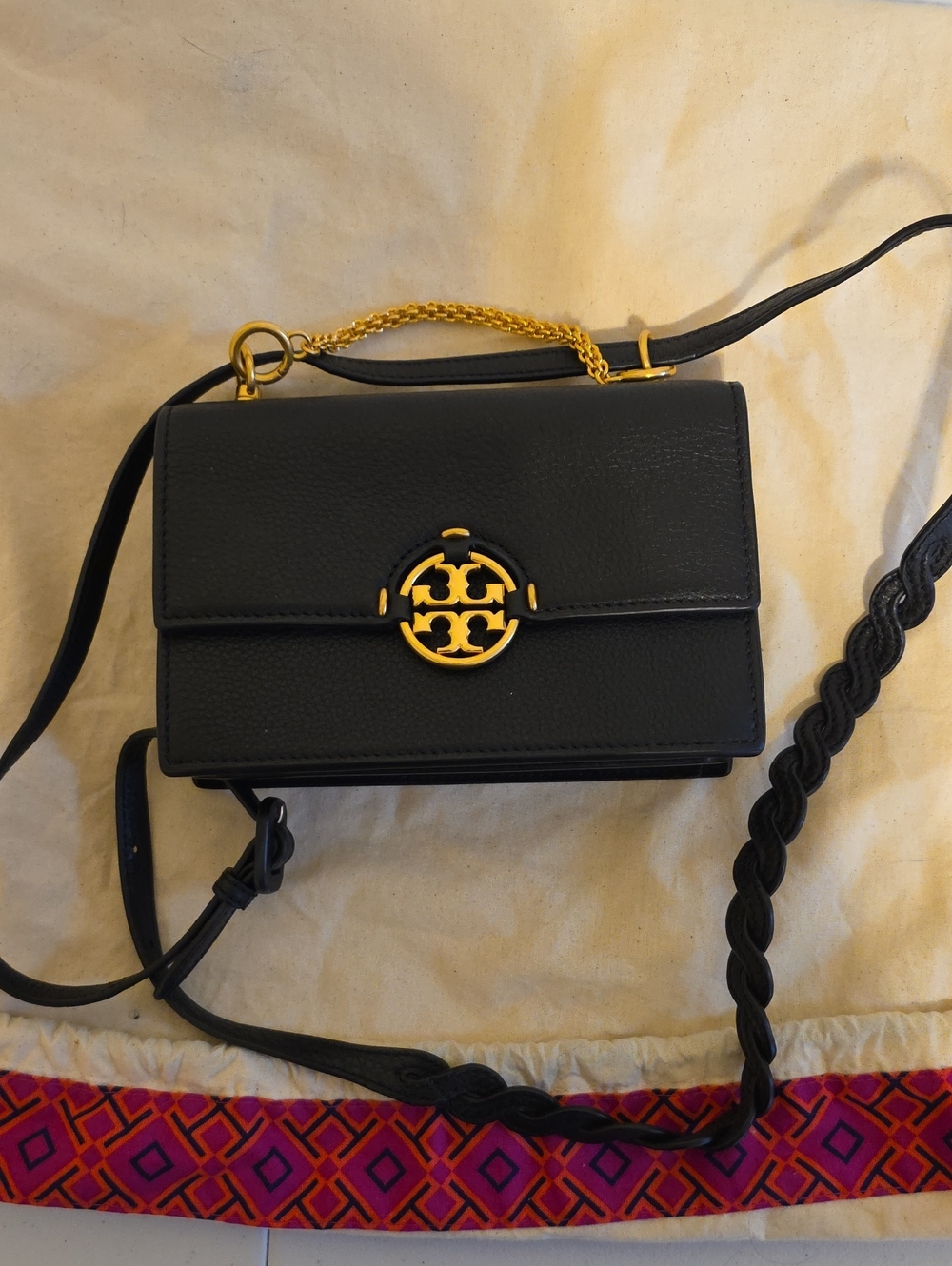 Tory Burch Black Leather Crossbody with Gold Logo Emblem